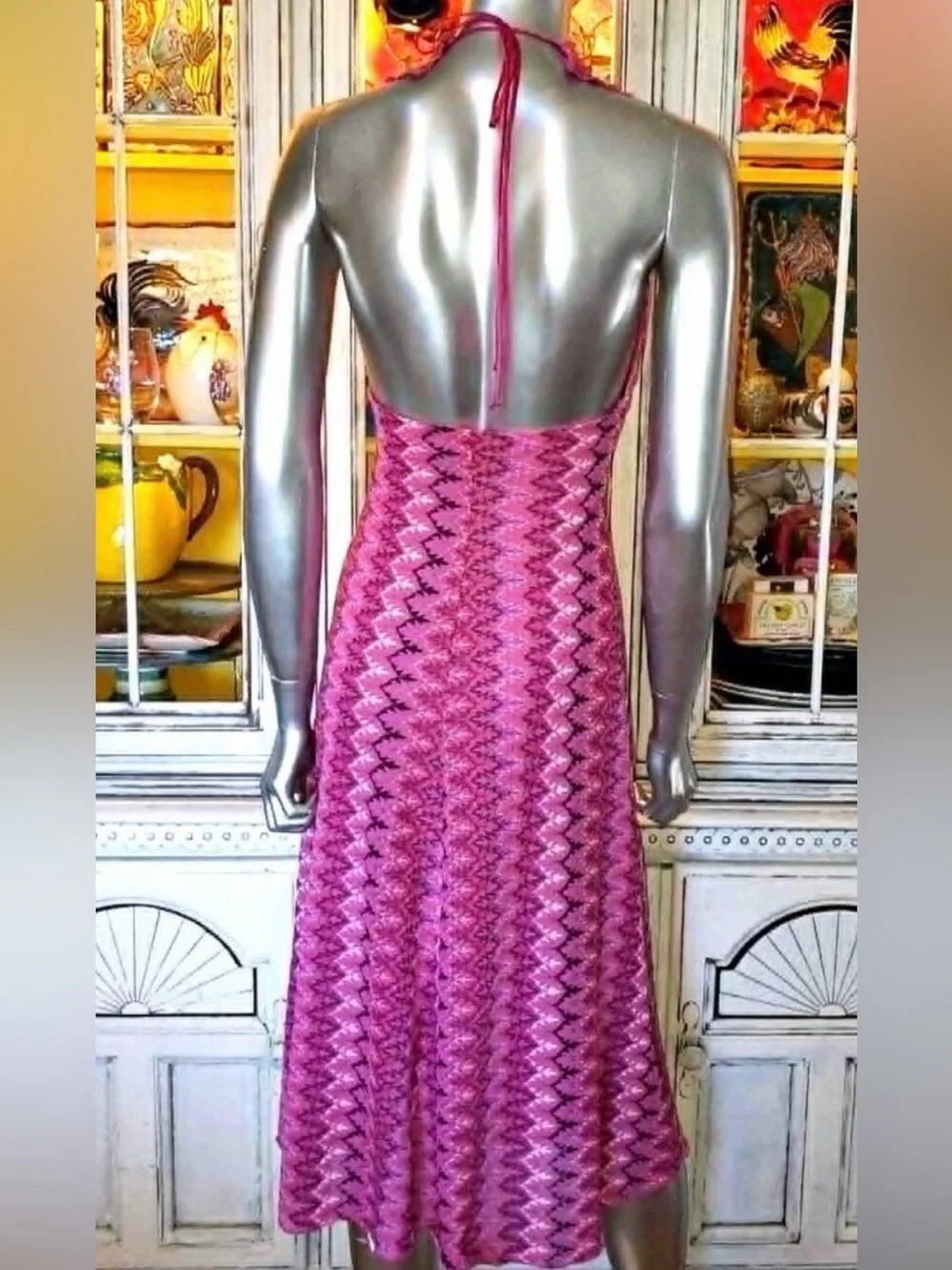 Betsey Johnson Vintage Y2K Pink Zigzag halter midi Dress - Picture 4 of 8